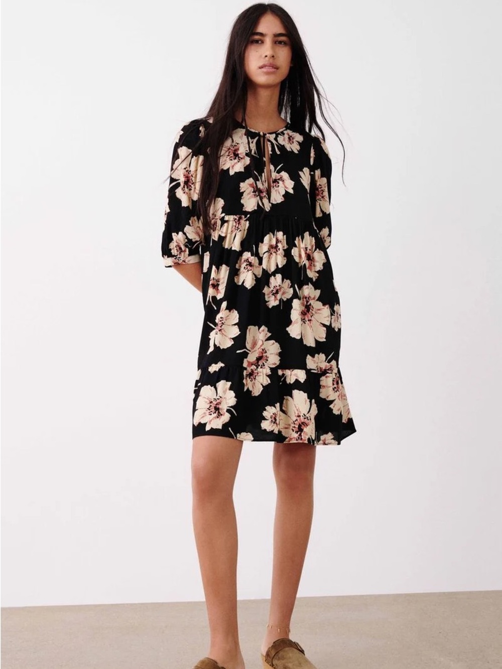 ba&sh Black Midi Dress with Cream Floral Print